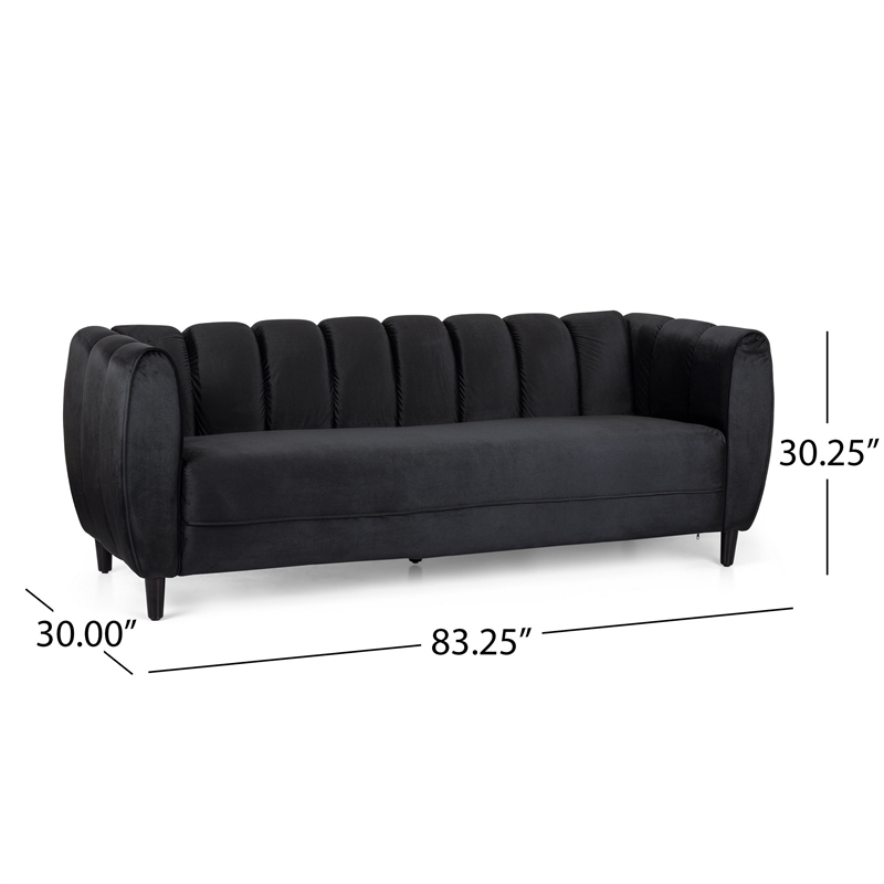 Benjara Orla Sofa- 83 Inch- Retro Channel Tufted Stitch Design- Black Velvet