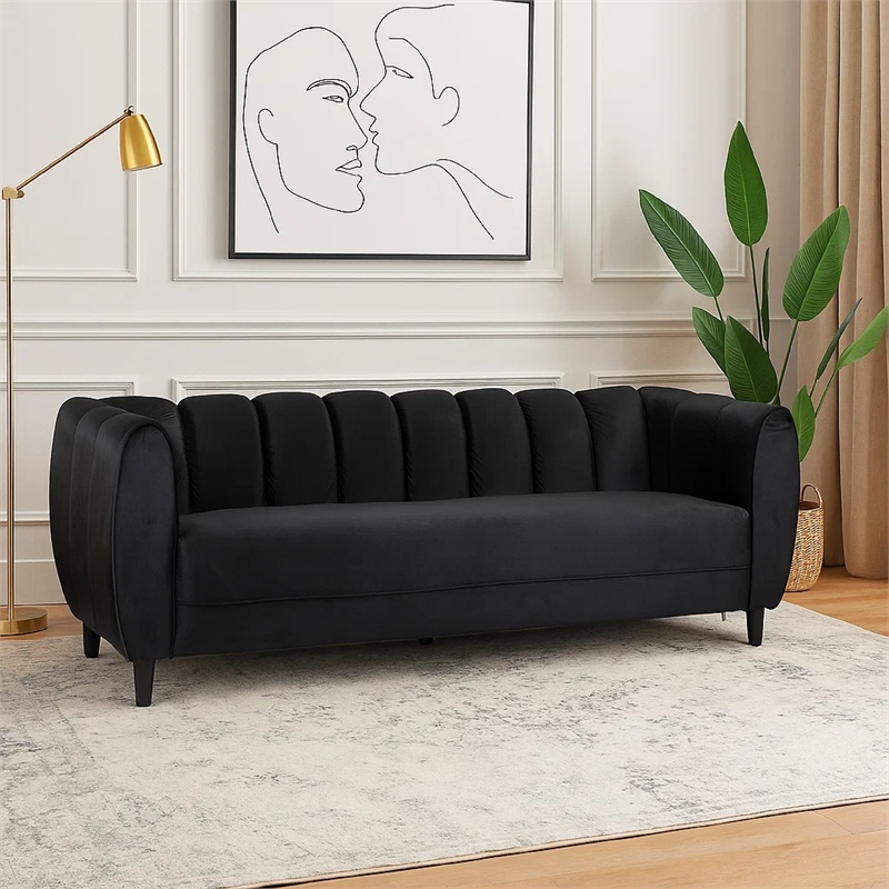 Benjara Orla Sofa- 83 Inch- Retro Channel Tufted Stitch Design- Black Velvet