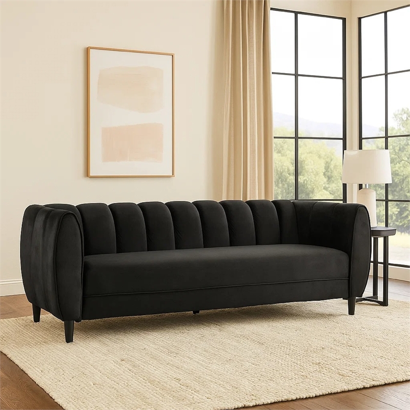 Benjara Orla Sofa- 83 Inch- Retro Channel Tufted Stitch Design- Black Velvet