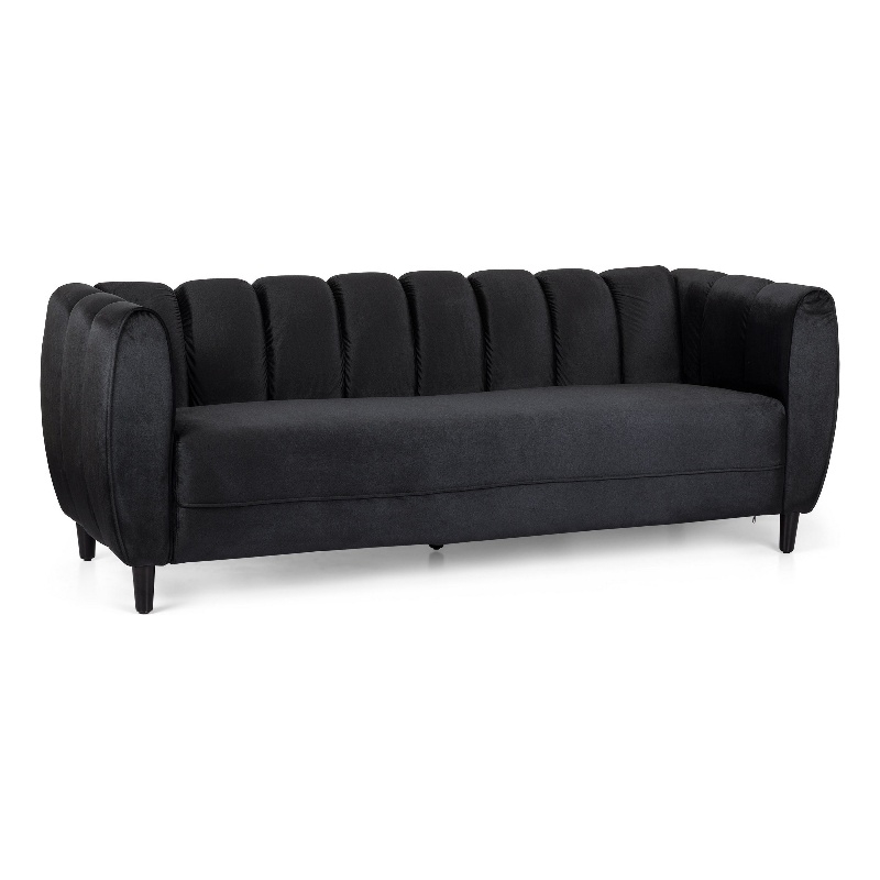 Benjara Orla Sofa- 83 Inch- Retro Channel Tufted Stitch Design- Black Velvet