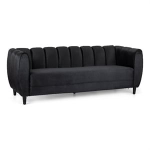Benjara Orla Sofa- 83 Inch- Retro Channel Tufted Stitch Design- Black Velvet