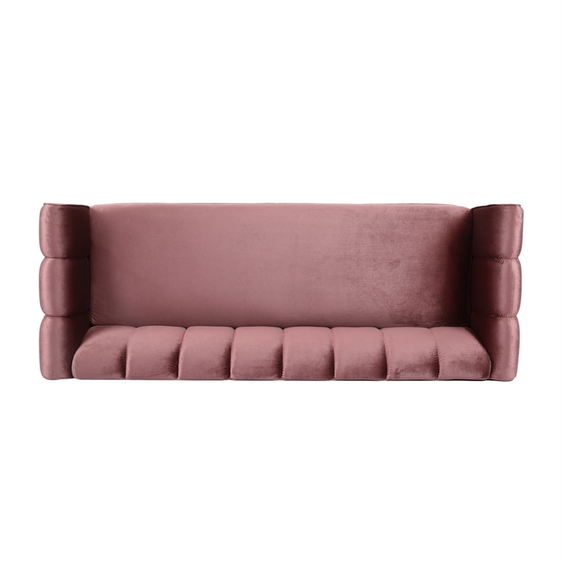 Benjara Orla Sofa- 83 Inch- Retro Channel Tufted Stitch Design- Pink Velvet