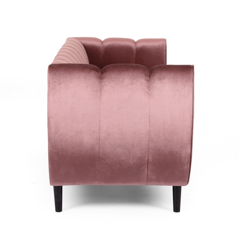 Benjara Orla Sofa- 83 Inch- Retro Channel Tufted Stitch Design- Pink Velvet
