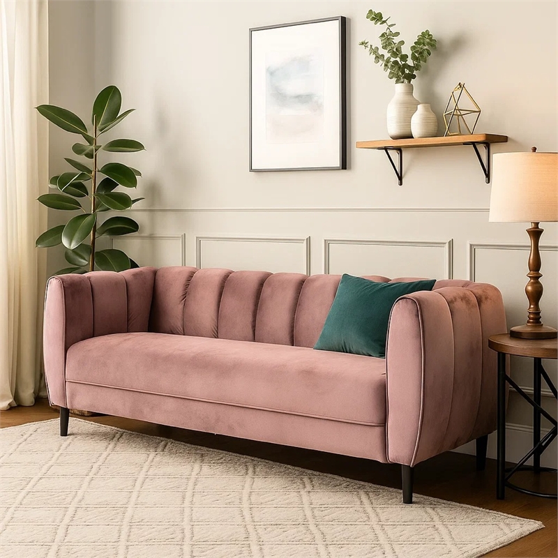 Benjara Orla Sofa- 83 Inch- Retro Channel Tufted Stitch Design- Pink Velvet