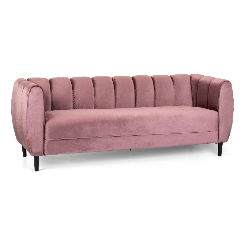 Benjara Orla Sofa- 83 Inch- Retro Channel Tufted Stitch Design- Pink Velvet