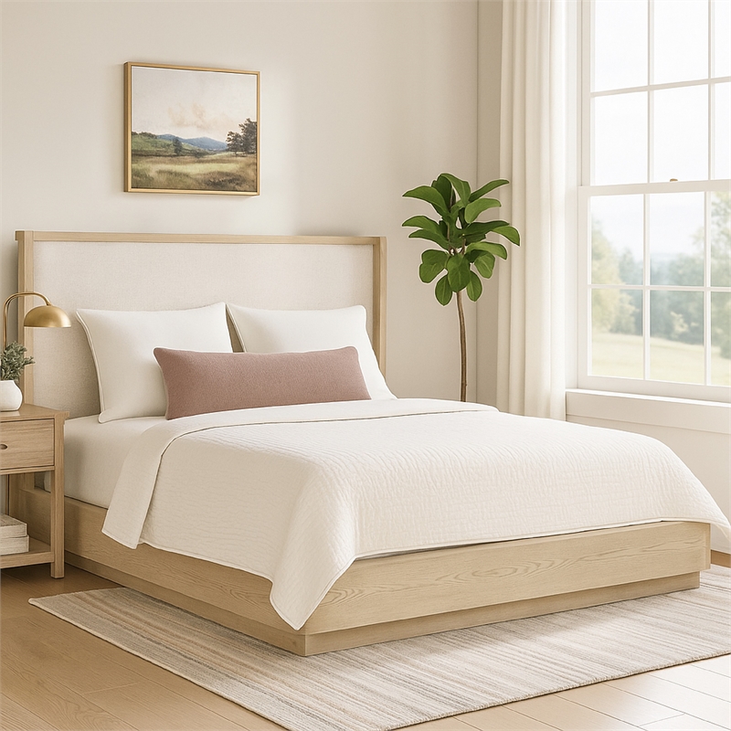 Benjara Lno King Platform Bed- Beige Upholstered Headboard- Oak Brown Cane
