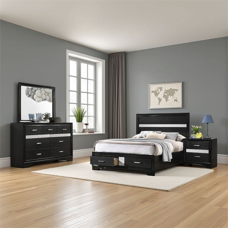 Benjara Vino 4pc Full Bedroom Set- Storage Footboard- Black/Glitter Stripes