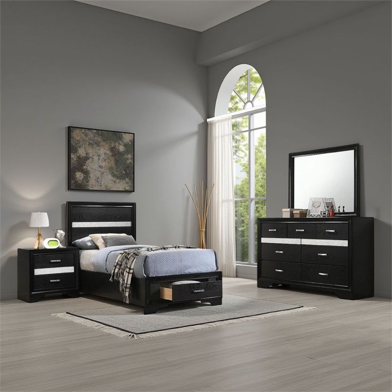Benjara Vino 4pc Twin Bedroom Set- Storage Footboard- Black/Glitter Stripes