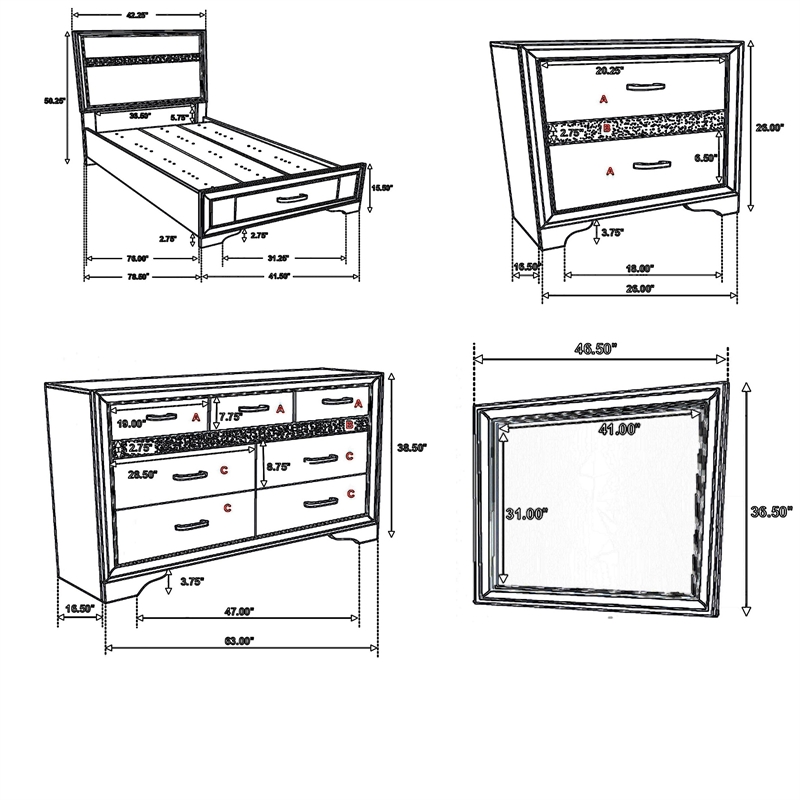 Benjara Vino 4pc Twin Bedroom Set- Storage Footboard- Black/Glitter Stripes