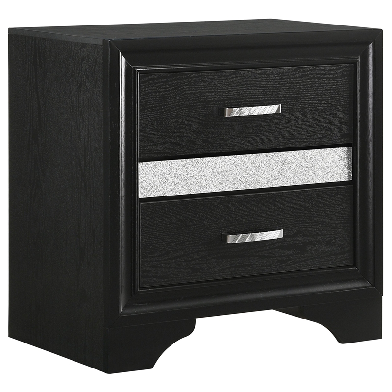 Benjara Vino 4pc Twin Bedroom Set- Storage Footboard- Black/Glitter Stripes