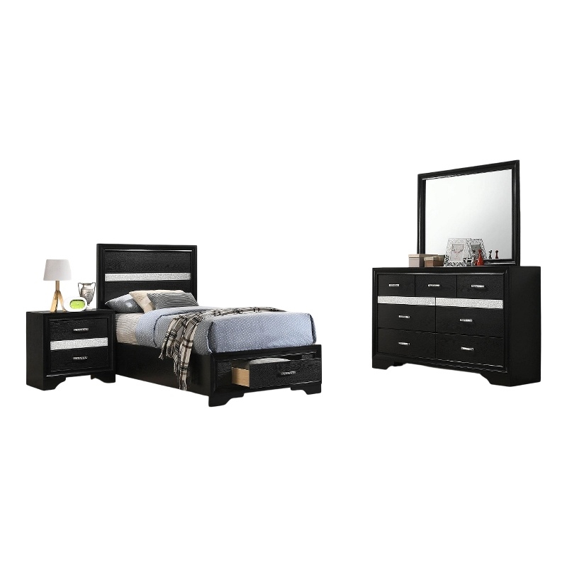 Benjara Vino 4pc Twin Bedroom Set- Storage Footboard- Black/Glitter Stripes