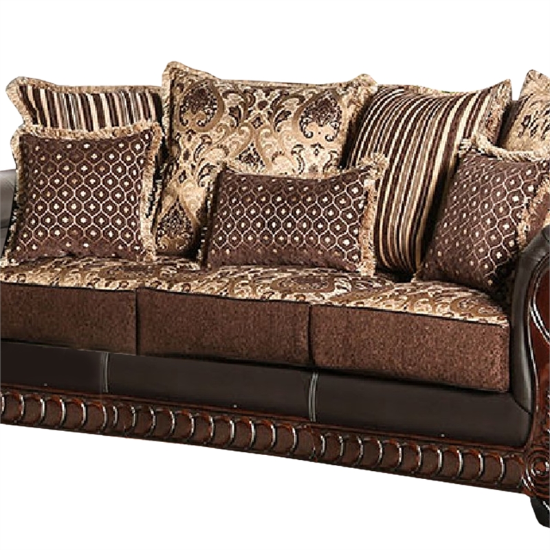 Benjara Lenira 2pc Sofa Loveseat Set- Brown Faux Leather- 5 Accent Pillows