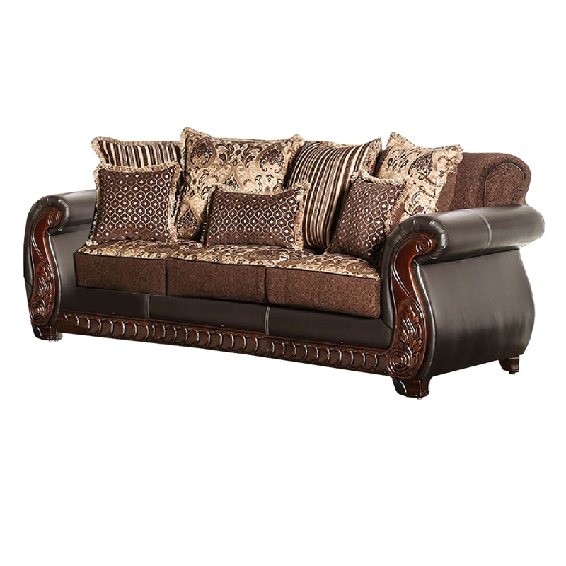 Benjara Lenira 2pc Sofa Loveseat Set- Brown Faux Leather- 5 Accent Pillows