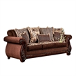 Benjara Nadira 2pc Sofa Loveseat Set- Brown Faux Leather- Gold 5 Throw Pillows