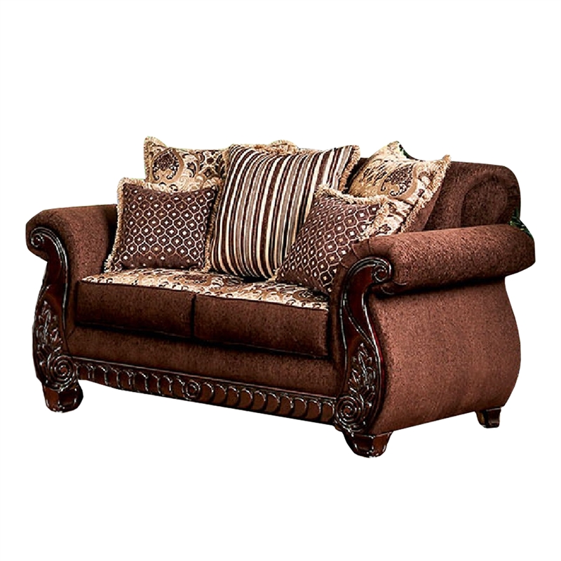 Benjara Nadira 2pc Sofa Loveseat Set- Brown Faux Leather- Gold 5 Throw Pillows