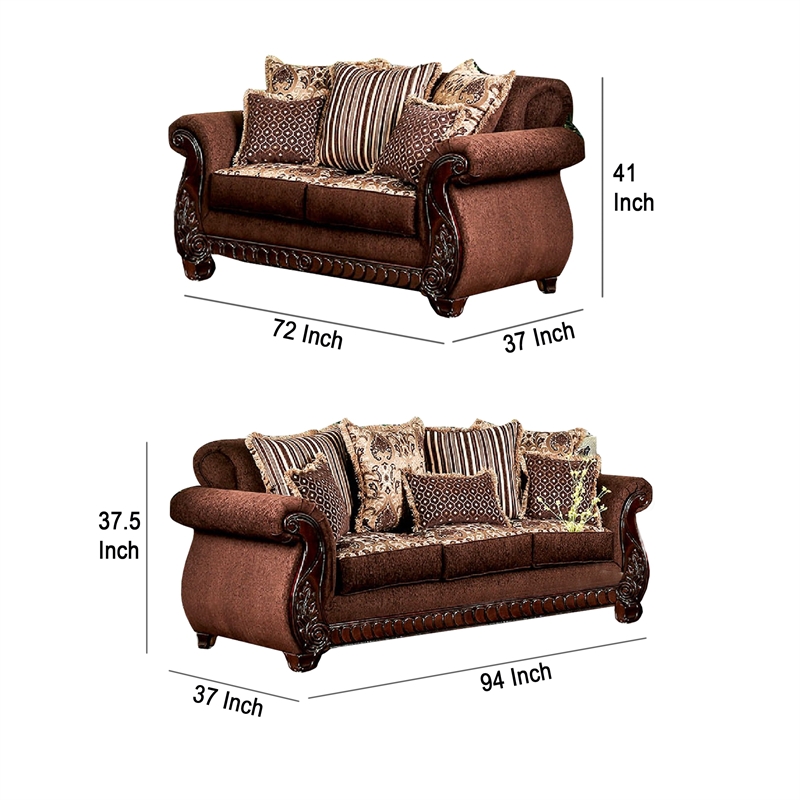 Benjara Nadira 2pc Sofa Loveseat Set- Brown Faux Leather- Gold 5 Throw Pillows