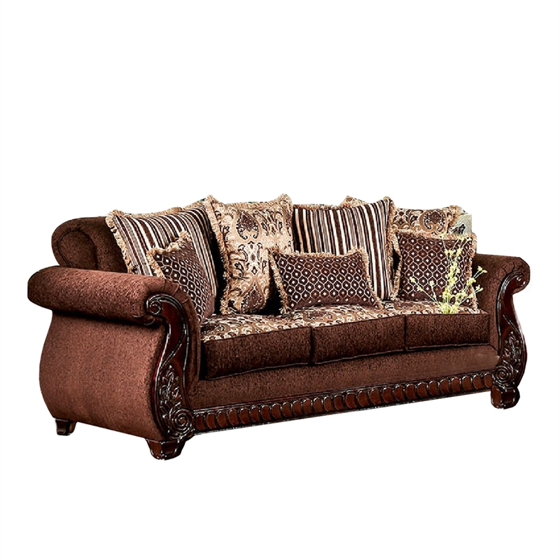 Benjara Nadira 2pc Sofa Loveseat Set- Brown Faux Leather- Gold 5 Throw Pillows