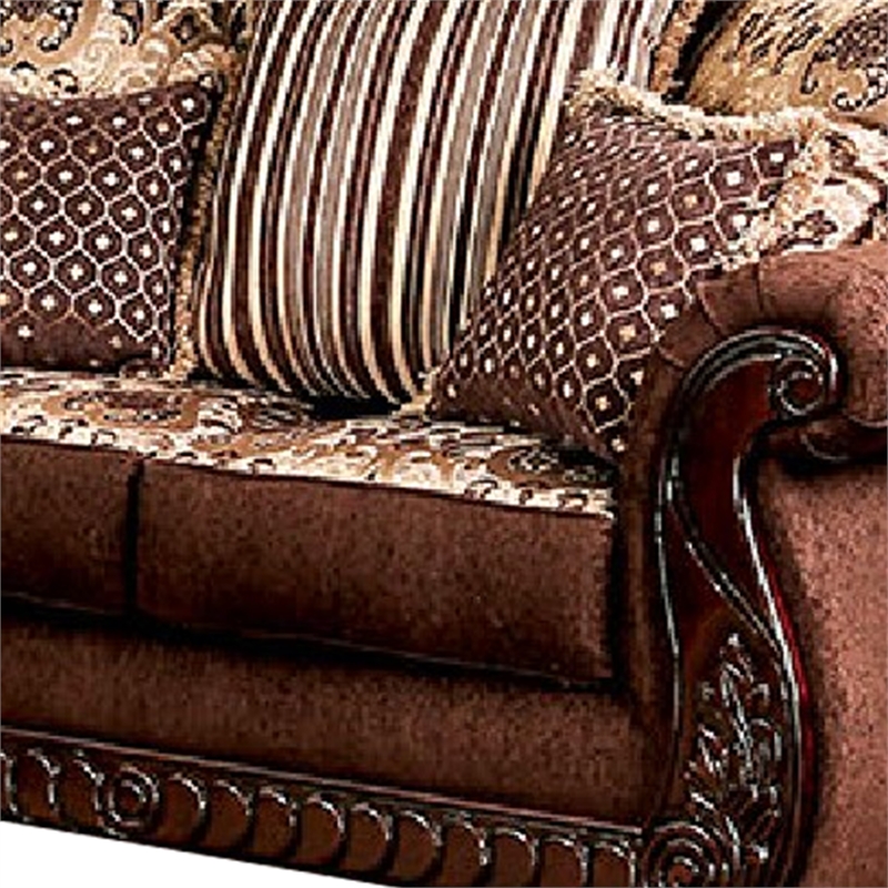 Benjara Nadira 2pc Sofa Loveseat Set- Brown Faux Leather- Gold 5 Throw Pillows