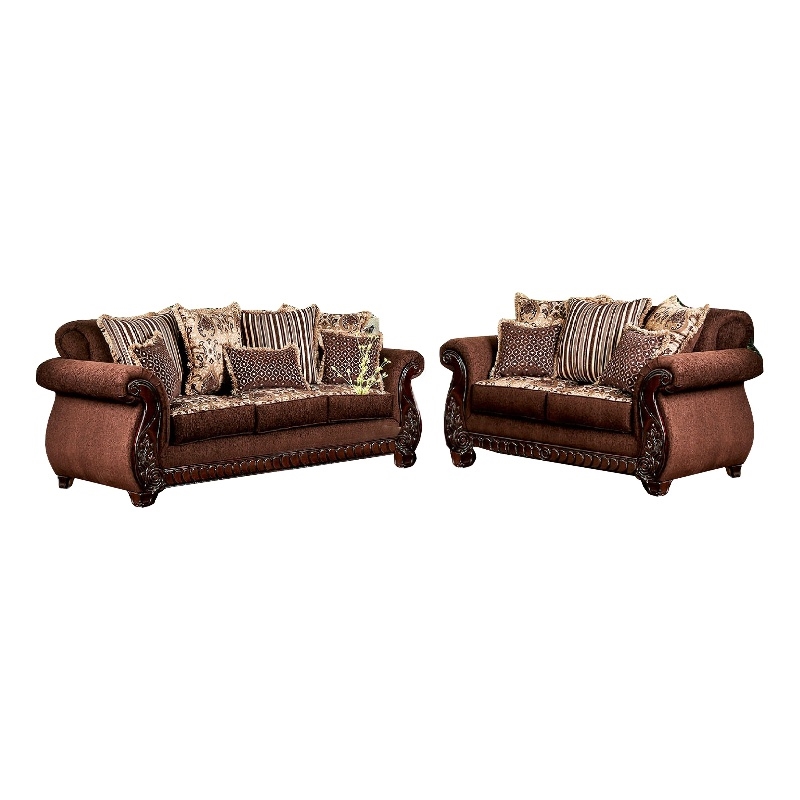 Benjara Nadira 2pc Sofa Loveseat Set- Brown Faux Leather- Gold 5 Throw Pillows