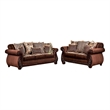 Benjara Nadira 2pc Sofa Loveseat Set- Brown Faux Leather- Gold 5 Throw Pillows