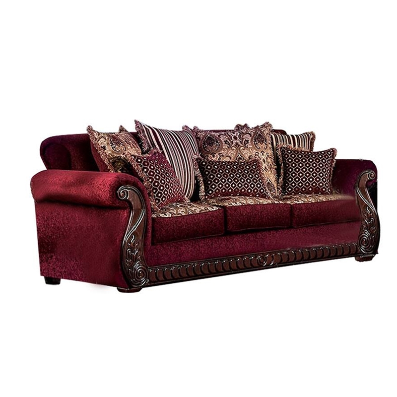 Benjara Nadira 2pc Sofa Loveseat Set- Wine Red Faux Leather- Gold- 5 Pillows