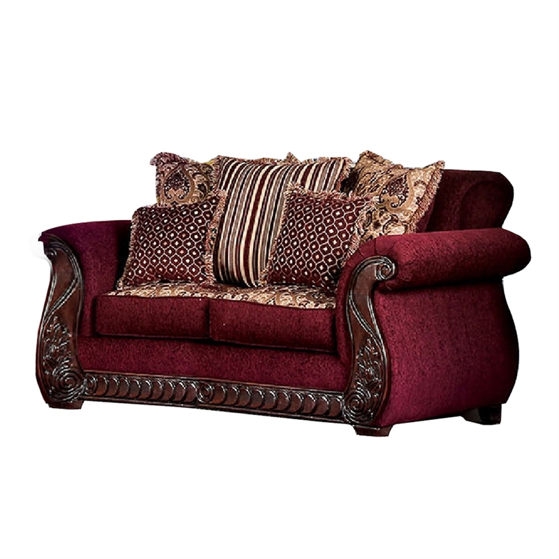 Benjara Nadira 2pc Sofa Loveseat Set- Wine Red Faux Leather- Gold- 5 Pillows