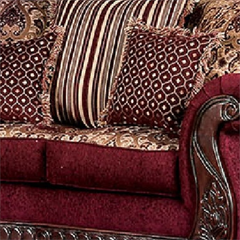 Benjara Nadira 2pc Sofa Loveseat Set- Wine Red Faux Leather- Gold- 5 Pillows