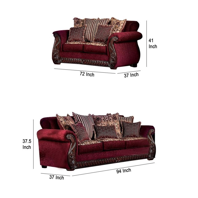 Benjara Nadira 2pc Sofa Loveseat Set- Wine Red Faux Leather- Gold- 5 Pillows
