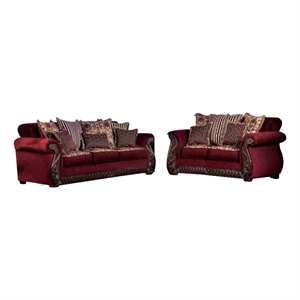 Benjara Nadira 2pc Sofa Loveseat Set- Wine Red Faux Leather- Gold- 5 Pillows