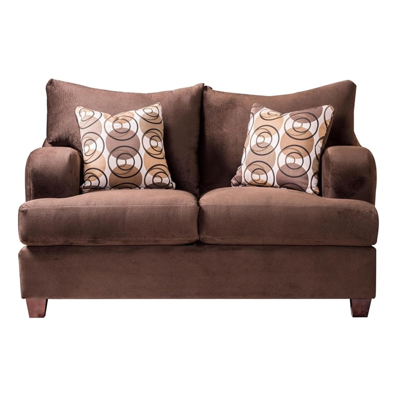 Benjara Roswell Sofa Loveseat Set- Chocolate Brown Chenille- 5 Accent Pillows