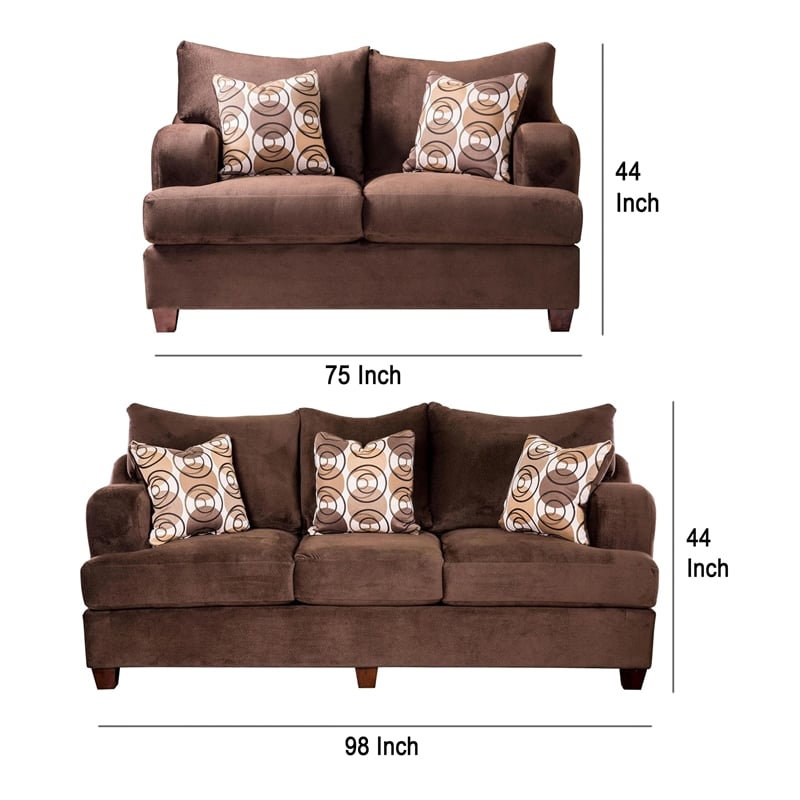 Benjara Roswell Sofa Loveseat Set- Chocolate Brown Chenille- 5 Accent Pillows