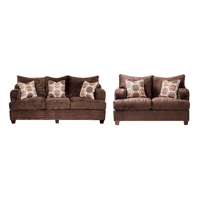 Benjara Roswell Sofa Loveseat Set- Chocolate Brown Chenille- 5 Accent Pillows