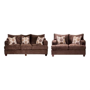 Benjara Roswell Sofa Loveseat Set- Chocolate Brown Chenille- 5 Accent Pillows