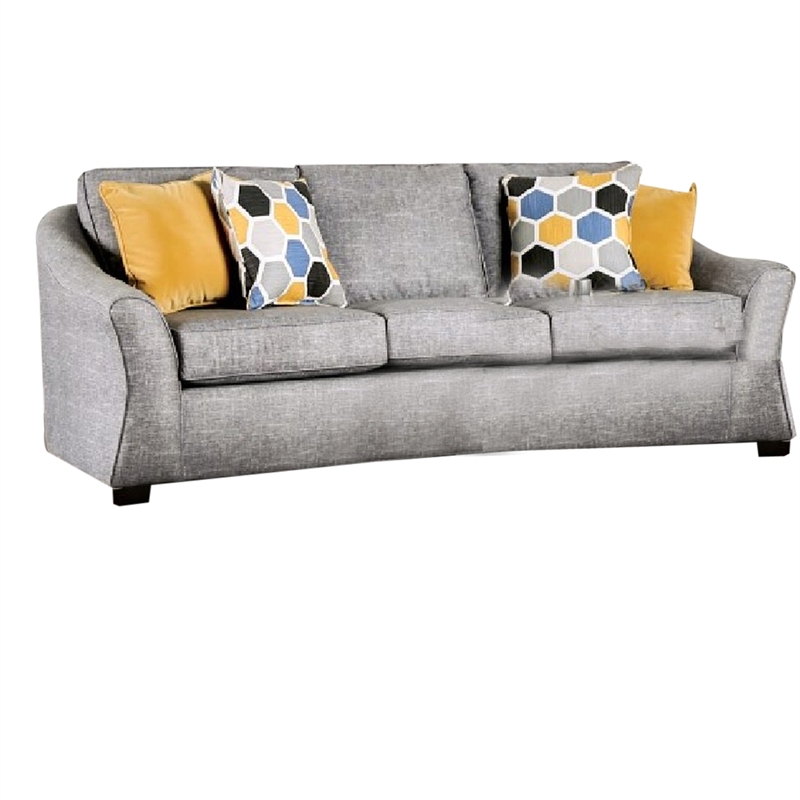 Benjara Nyrah 2pc Sofa Loveseat Set- Light Gray Faux Linen- 8 Throw Pillows
