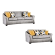 Benjara Nyrah 2pc Sofa Loveseat Set- Light Gray Faux Linen- 8 Throw Pillows