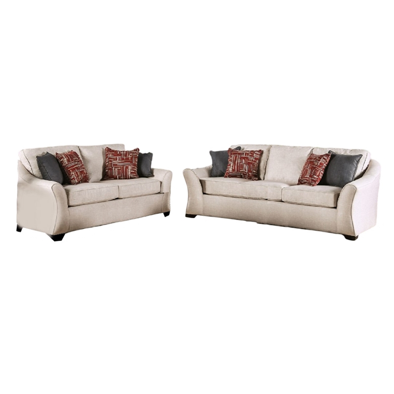 Benjara Nyrah 2pc Sofa Loveseat Set- Ivory Linen Like Fabric- 8 Accent Pillows