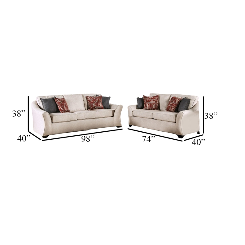 Benjara Nyrah 2pc Sofa Loveseat Set- Ivory Linen Like Fabric- 8 Accent Pillows
