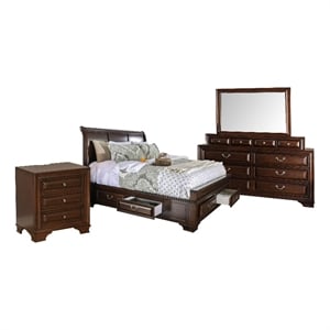Benjara Lio Four PC King Size Bedroom Set - Cherry Brown Wood Inlay/Silver