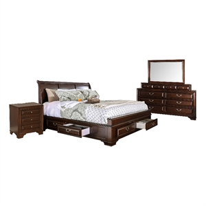 Benjara Lio Four PC Queen Size Bedroom Set- Cherry Brown Wood Inlay/Silver