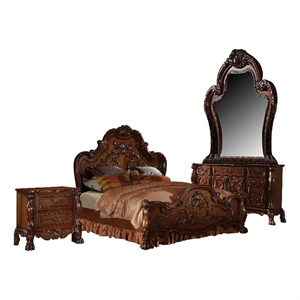 Benjara Rosy Four PC Queen Bedroom Set- Raised Inlay Moldings- Cherry Oak Brown