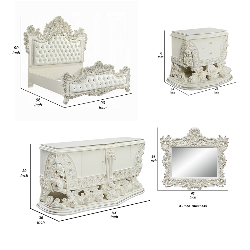 Benjara Bo Four PC Full Bedroom Set-Baroque Style-White Faux Leather Uphosltery