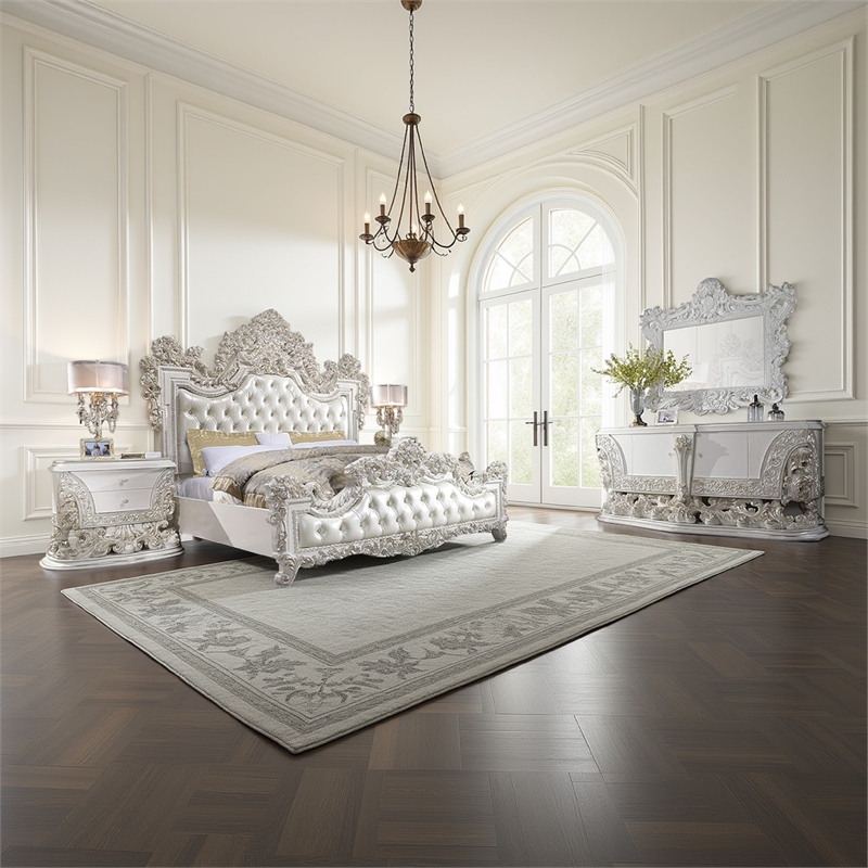 Benjara Bo Four PC Full Bedroom Set-Baroque Style-White Faux Leather Uphosltery