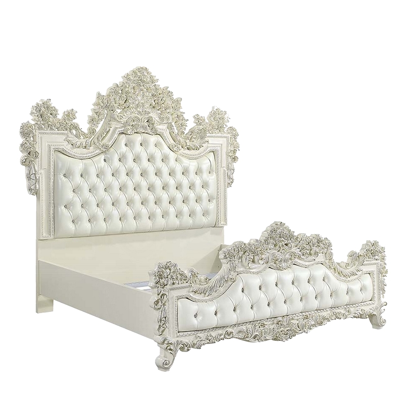 Benjara Bo Four PC Full Bedroom Set-Baroque Style-White Faux Leather Uphosltery