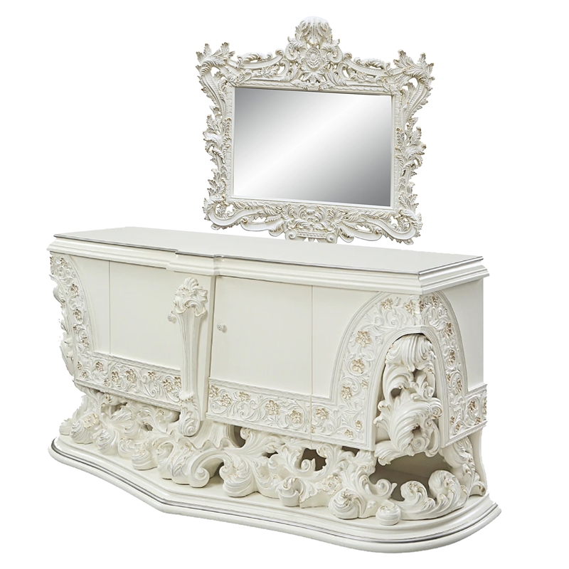 Benjara Bo Four PC Full Bedroom Set-Baroque Style-White Faux Leather Uphosltery