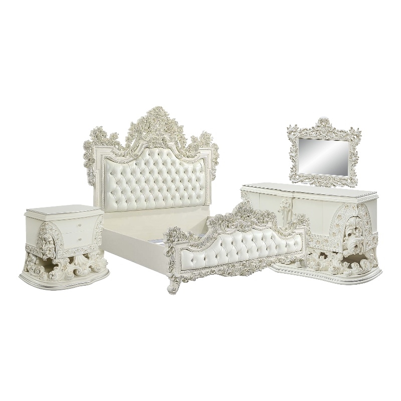 Benjara Bo Four PC Full Bedroom Set-Baroque Style-White Faux Leather Uphosltery