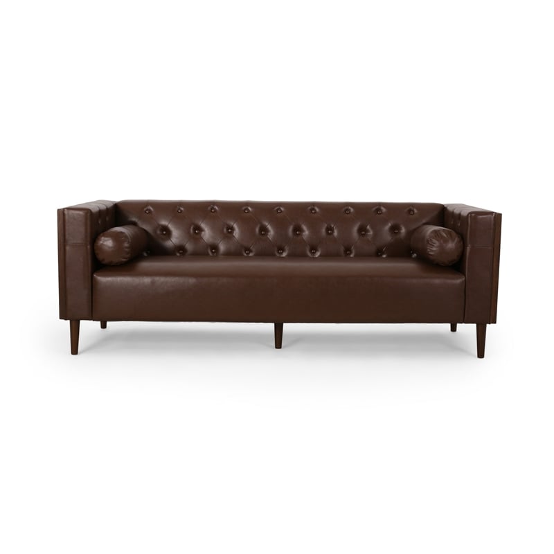 Benjara Biya Sofa- 3 Seater- 90 Inch- Tufted Dark Brown Faux Leather- 2 Pillow