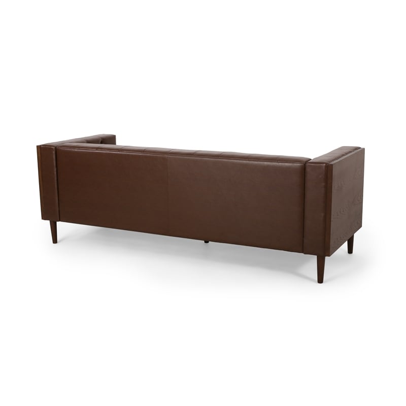 Benjara Biya Sofa- 3 Seater- 90 Inch- Tufted Dark Brown Faux Leather- 2 Pillow