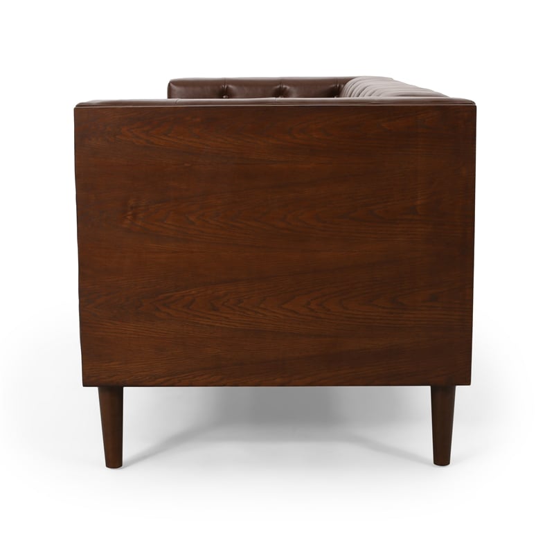 Benjara Biya Sofa- 3 Seater- 90 Inch- Tufted Dark Brown Faux Leather- 2 Pillow