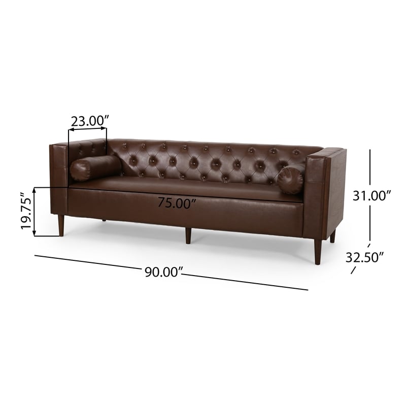 Benjara Biya Sofa- 3 Seater- 90 Inch- Tufted Dark Brown Faux Leather- 2 Pillow