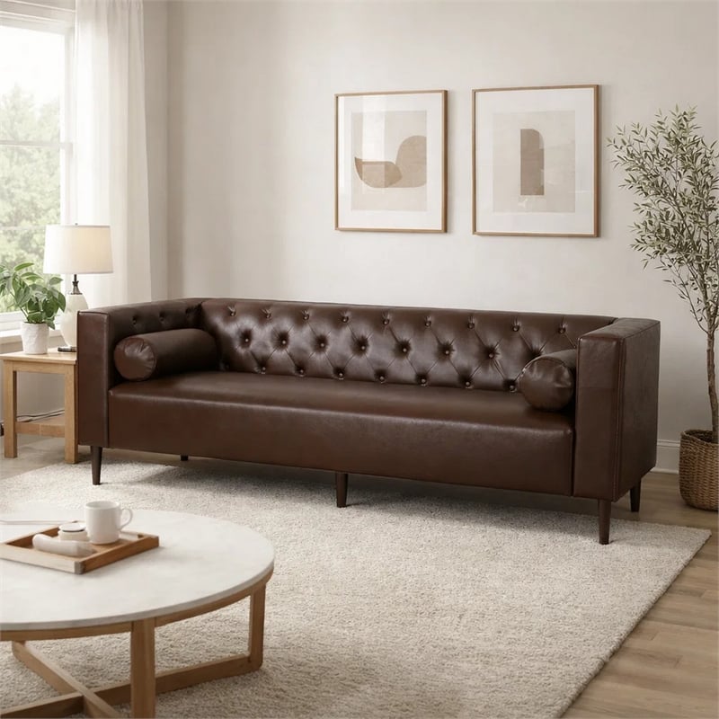 Benjara Biya Sofa- 3 Seater- 90 Inch- Tufted Dark Brown Faux Leather- 2 Pillow